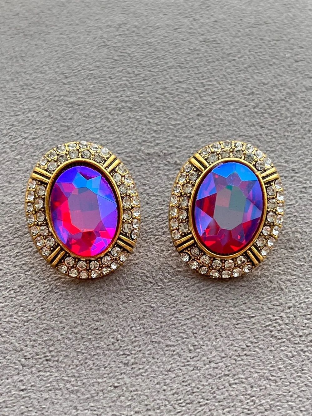 Gold Tone Oval Red Aurora Crystal Stud Earrings